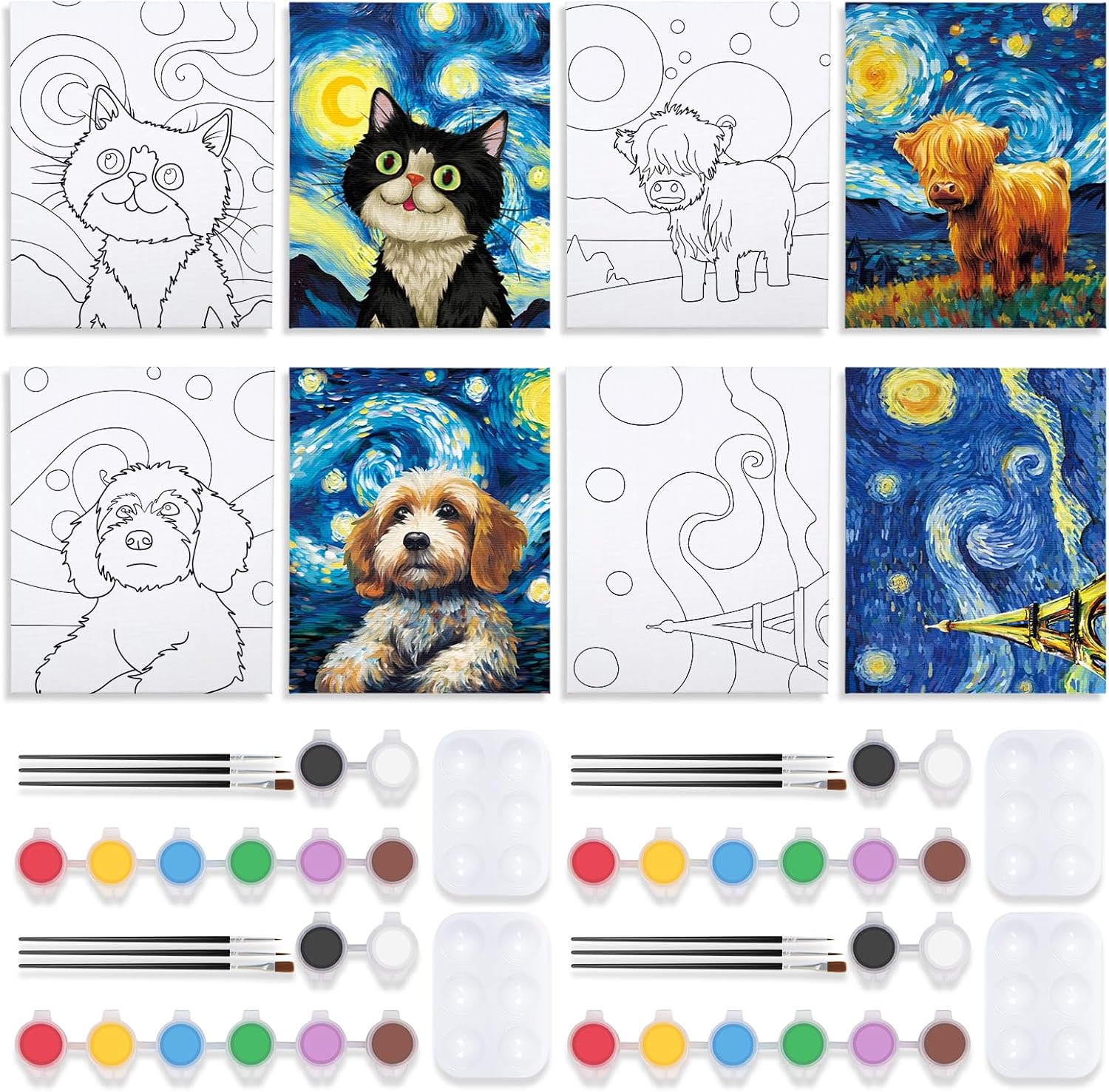 VOCHIC Paquete de 4 kits de sorbo y pintura, lienzo predibujado para pintar para adultos, niños, noche de niñas, kit de pintura para parejas, juegos
