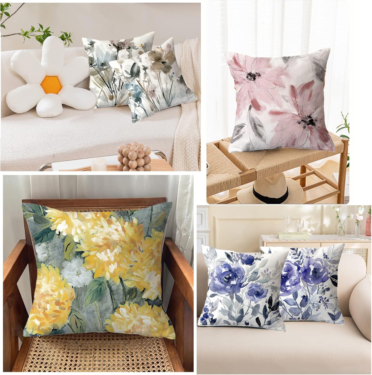 ANIDL Juego de 2 almohadas cuadradas con estampado de plantas abstractas de hojas florales en acuarela, decoración de arte moderno, funda de cojín