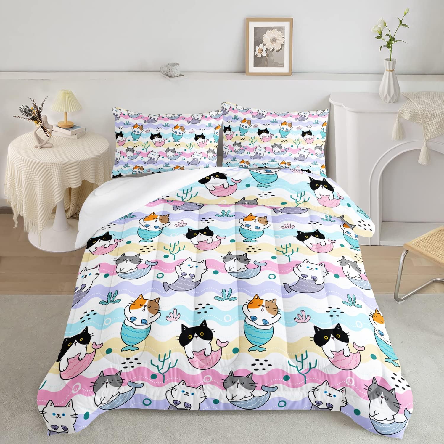 CVHOUSE Juego de edredón Kawaii de gato, tamaño individual, juego de ropa de cama Kawaii de dibujos animados para niños, lindo juego de edredón de