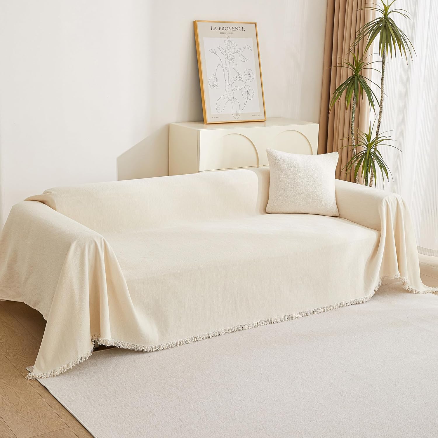 MYSKY HOME Funda de sofá biplaza, funda beige para sofá modular de 2 cojines, funda de sofá gruesa y universal de felpilla con borlas, protector