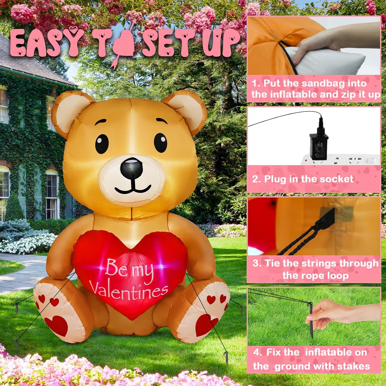 Oso inflable para el día de San Valentín de 4 pies con corazón de amor, decoración del día de San Valentín, luces LED RGB integradas, regalo del día