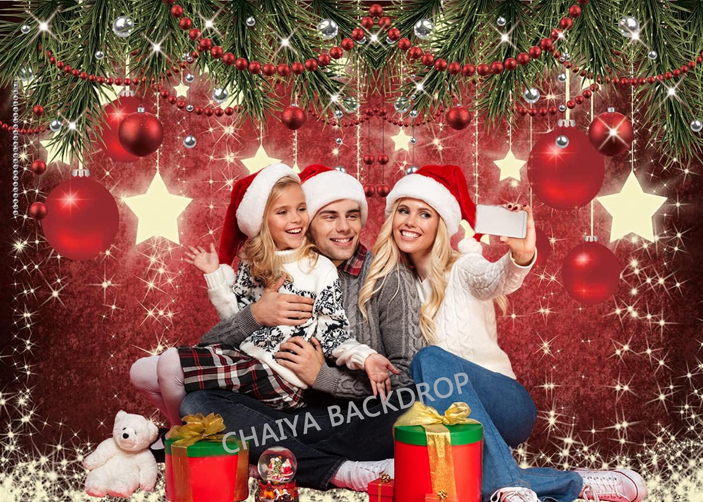 CHAIYA Telón de fondo rojo de Navidad de 8 x 6 pies con estrellas brillantes para fotografía, estrellas brillantes, fondo de Navidad para niños,
