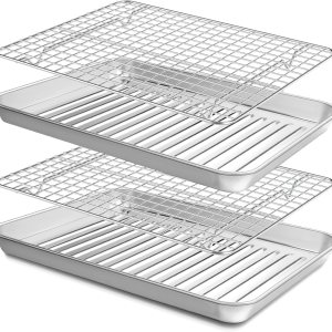 Juego de bandeja para hornear con estante de enfriamiento (2 bandejas para hornear + 2 estantes de alambre), hoja de galletas de acero inoxidable 14 Juego de bandeja para hornear con estante de enfriamiento (2 bandejas para hornear + 2 estantes de alambre), hoja de galletas de acero inoxidable 14