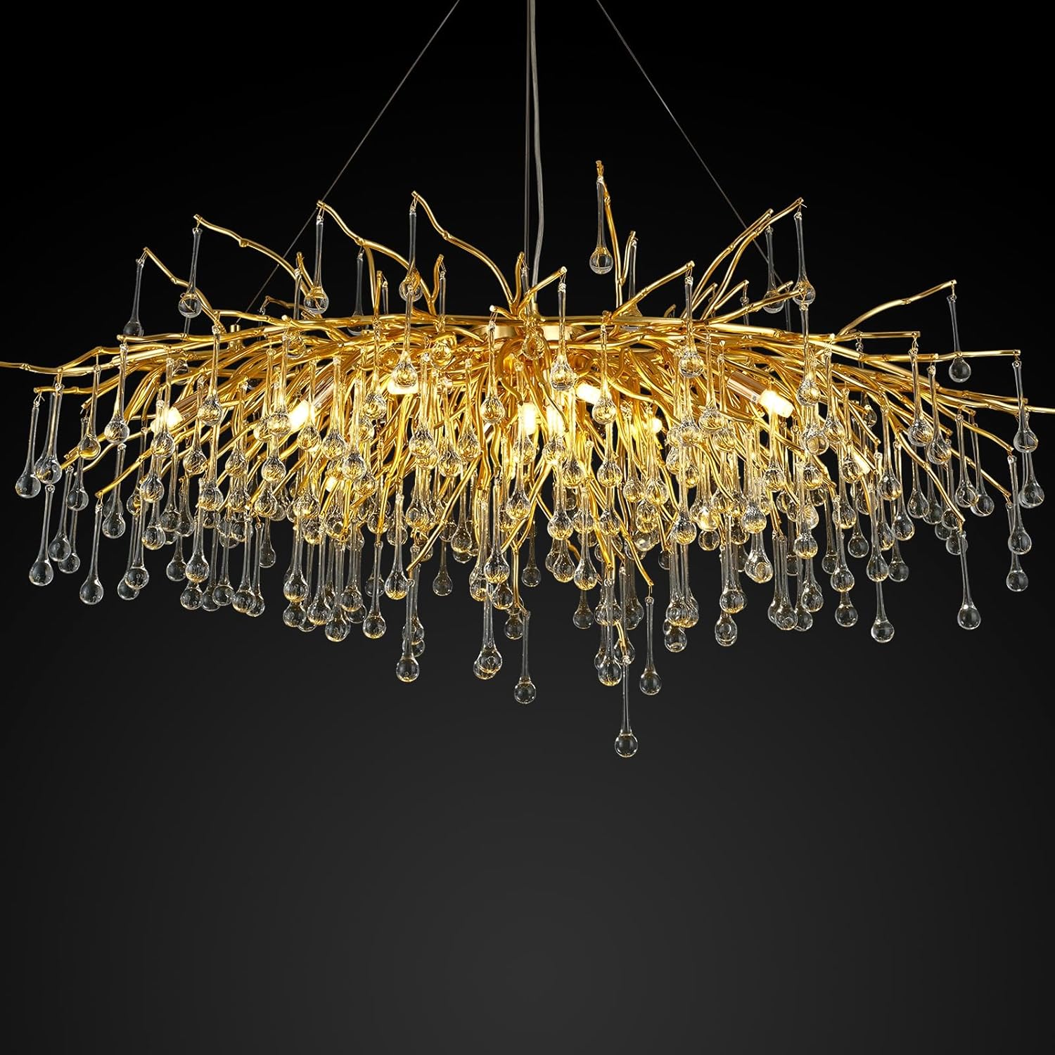 Candelabro de cristal dorado, lámpara de rama de árbol de 47 pulgadas, lámpara rectangular para comedor, lámpara sobre mesa, gota de lluvia, lámpara
