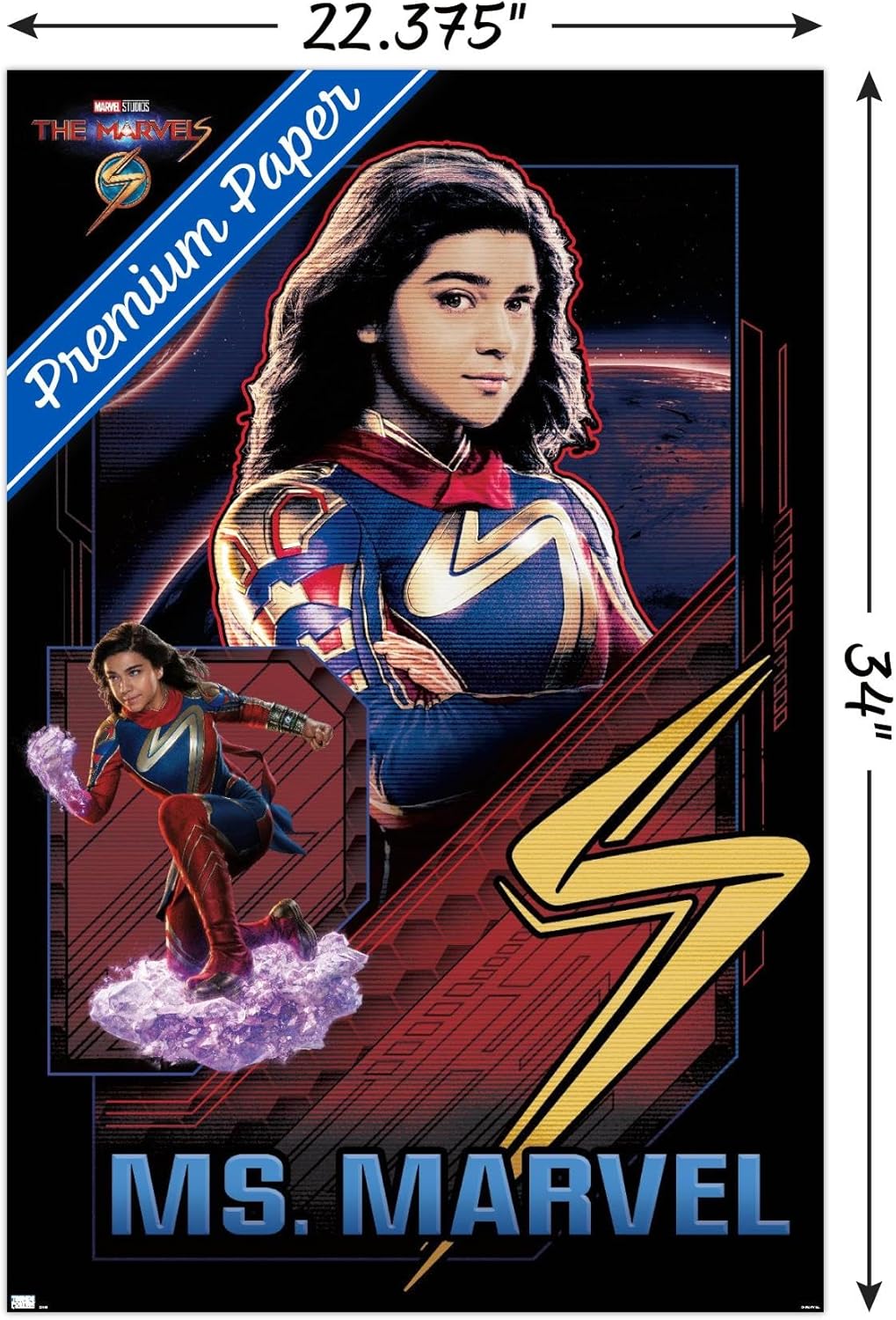 Trends International Marvel The Marvels – Póster de pared de Ms. Marvel, 22.37 x 34.00 pulgadas, paquete de póster y clip prémium