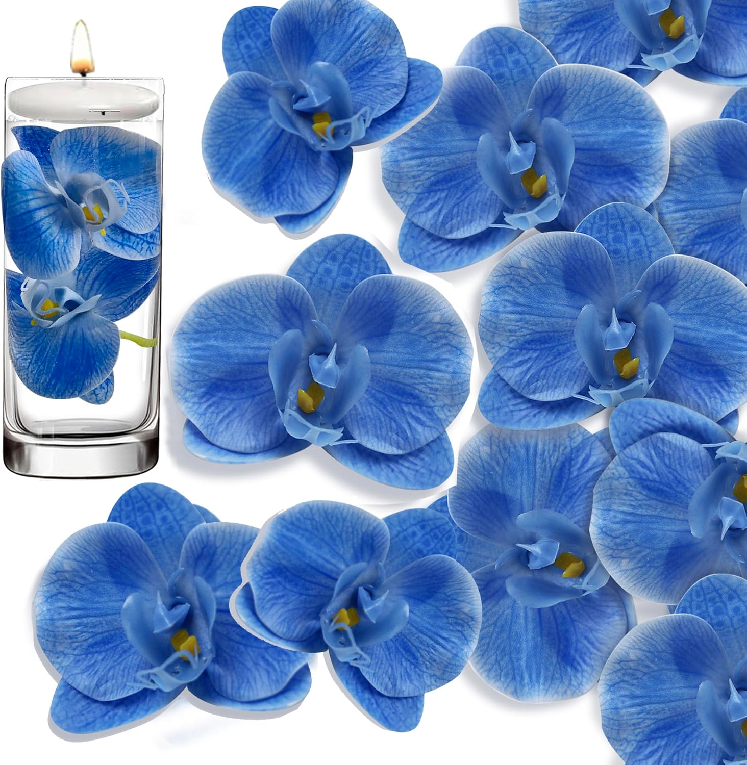 20 piezas de orquídeas artificiales azules para centros de mesa de velas flotantes, cabeza y tallo de flores sintéticas, ramo de manualidades para