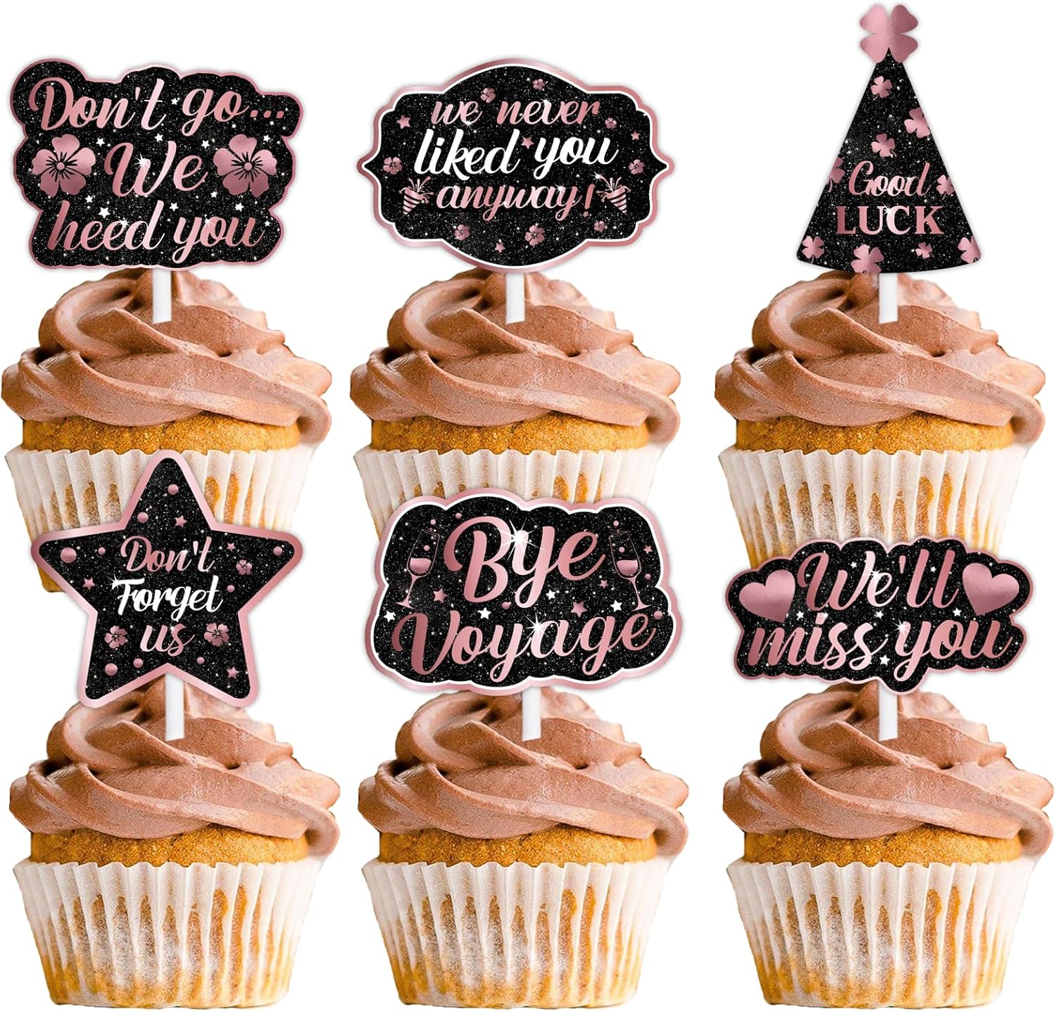 18 piezas de decoración de postre con purpurina rosa con texto en inglés “We Will Miss You Don’t Go We Peg You”, suministros de decoración temática