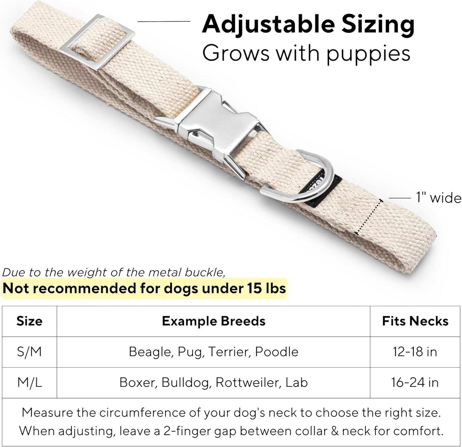 Frezco Collar de perro minimalista ultra duradero, 100% algodón natural y hebilla totalmente metálica, fuerte 300 libras, perfecto para perros