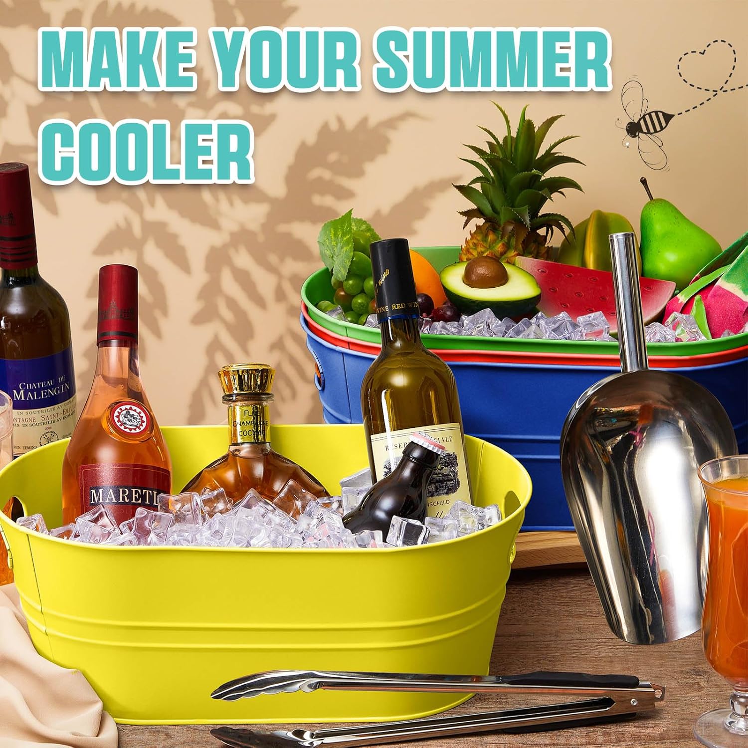 4 tinas de bebidas galvanizadas aisladas con 2 cucharas de hielo y 2 pinzas de acero inoxidable, cerveza fría, bebidas galvanizadas, fiestas en