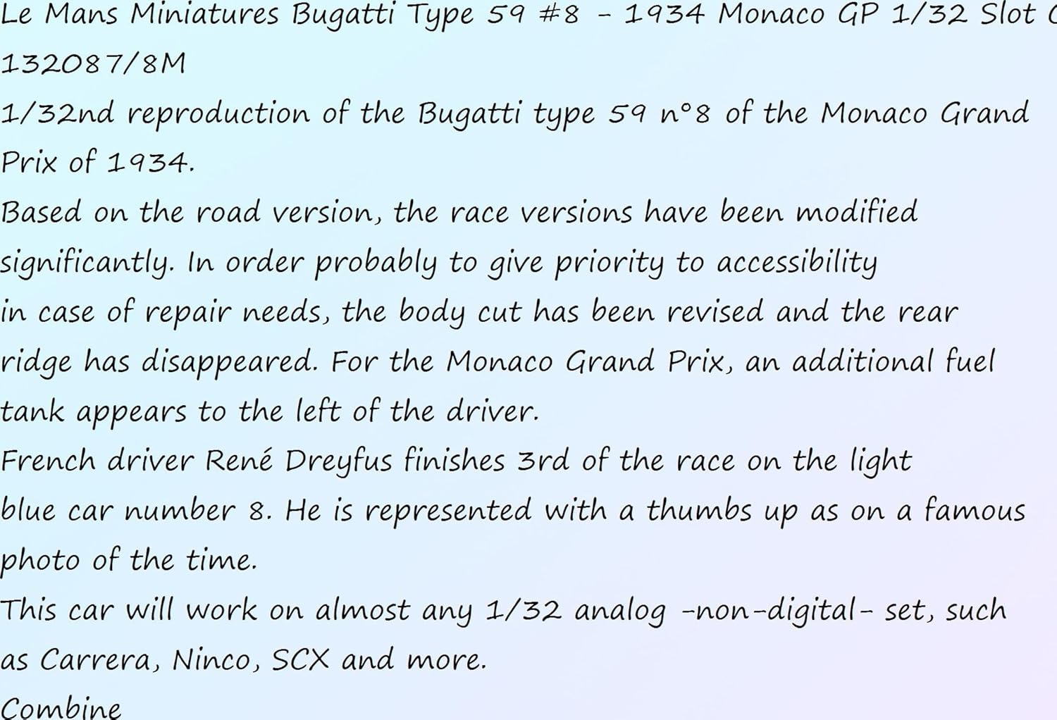 1320878 Hobby Collect kit #8-1934 Monaco GP 132 Slot Car 1320878M para Bugatti Tipo 59 F1