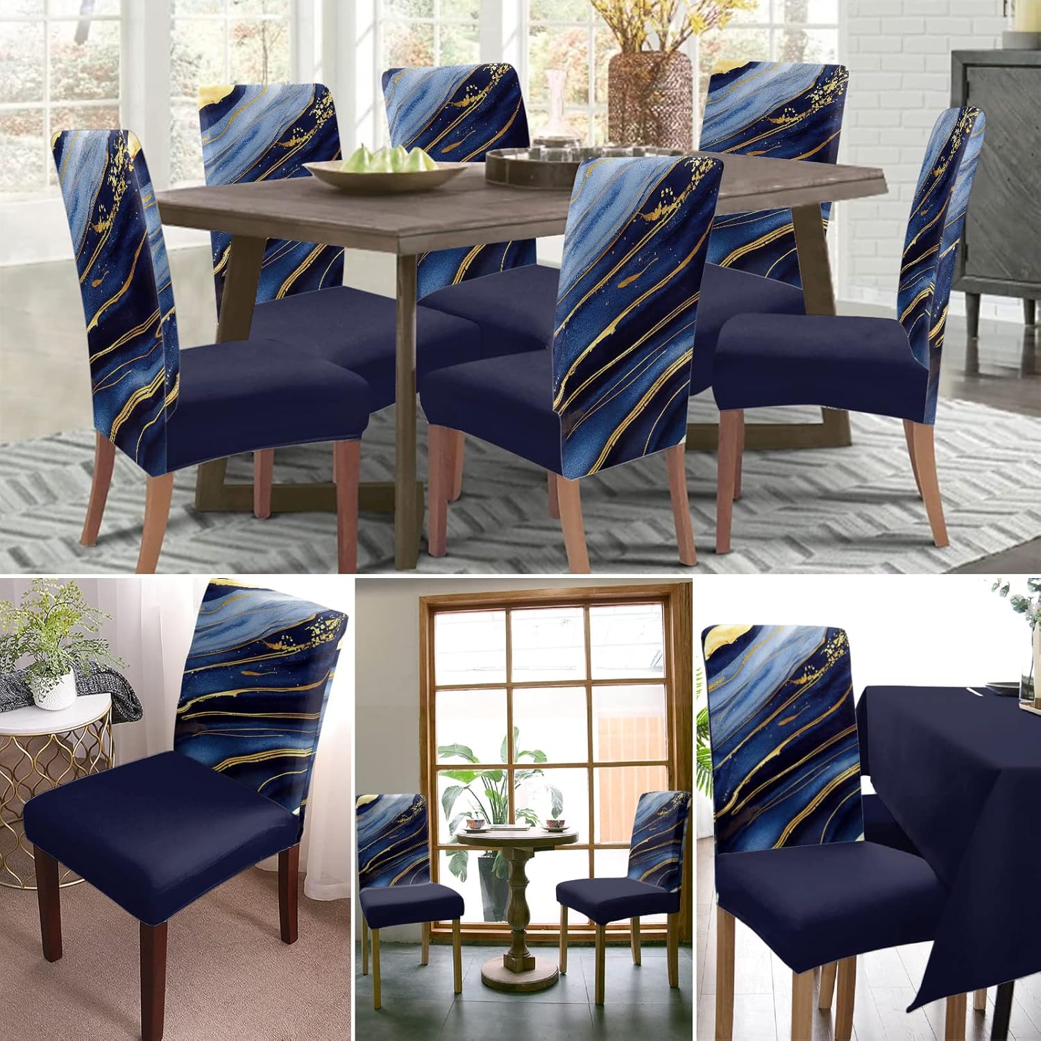 Juego de 6 fundas elásticas para sillas de comedor con diseño de mármol azul marino y amarillo, fundas protectoras elásticas para sillas de cocina,