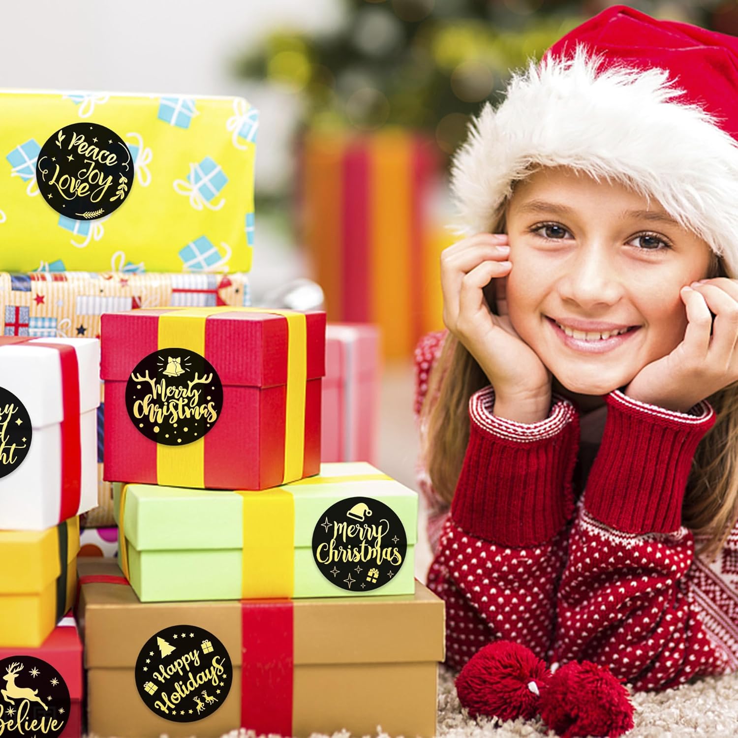 600 calcomanías de Feliz Navidad, calcomanías de sello de Navidad, calcomanías de rollo de sobres, etiquetas redondas negras y doradas, calcomanías