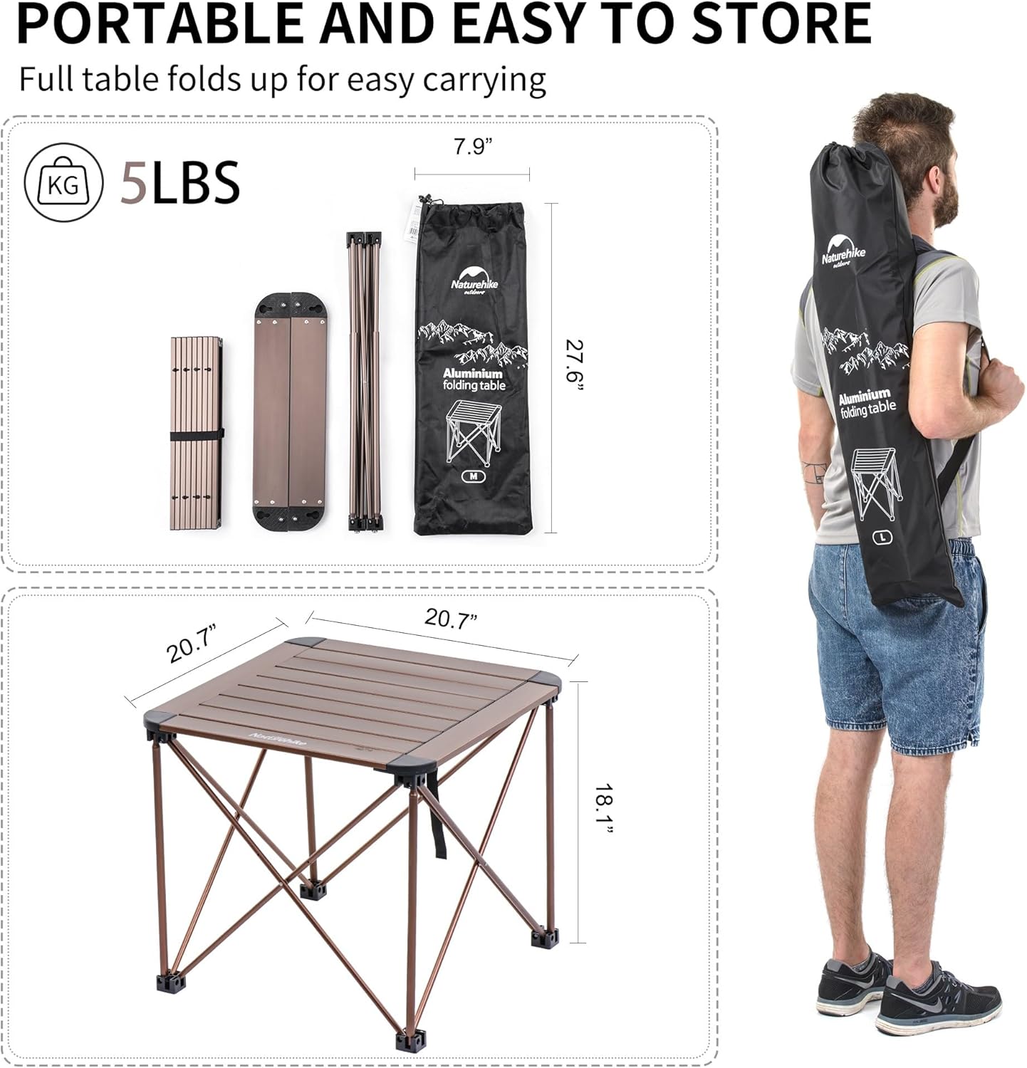 Naturehike Mesa de campamento ultraligera de 20.7 pulgadas, mesa de aluminio portátil con bolsa de transporte, mesa de campamento cuadrada