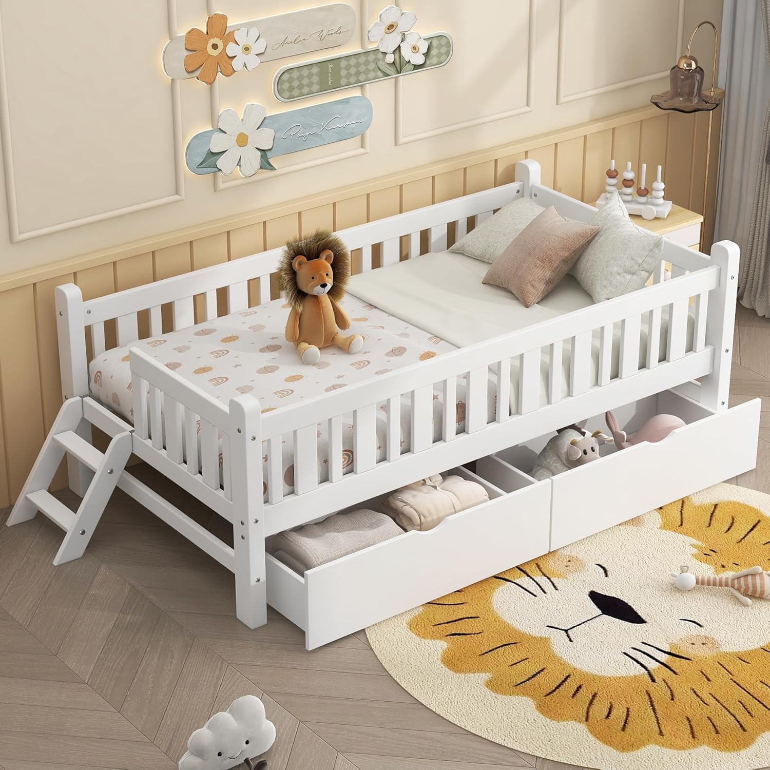 Base de cama de plataforma individual con 2 cajones de almacenamiento, marcos de cama individual de madera para niñas y niños pequeños, soporte de 8
