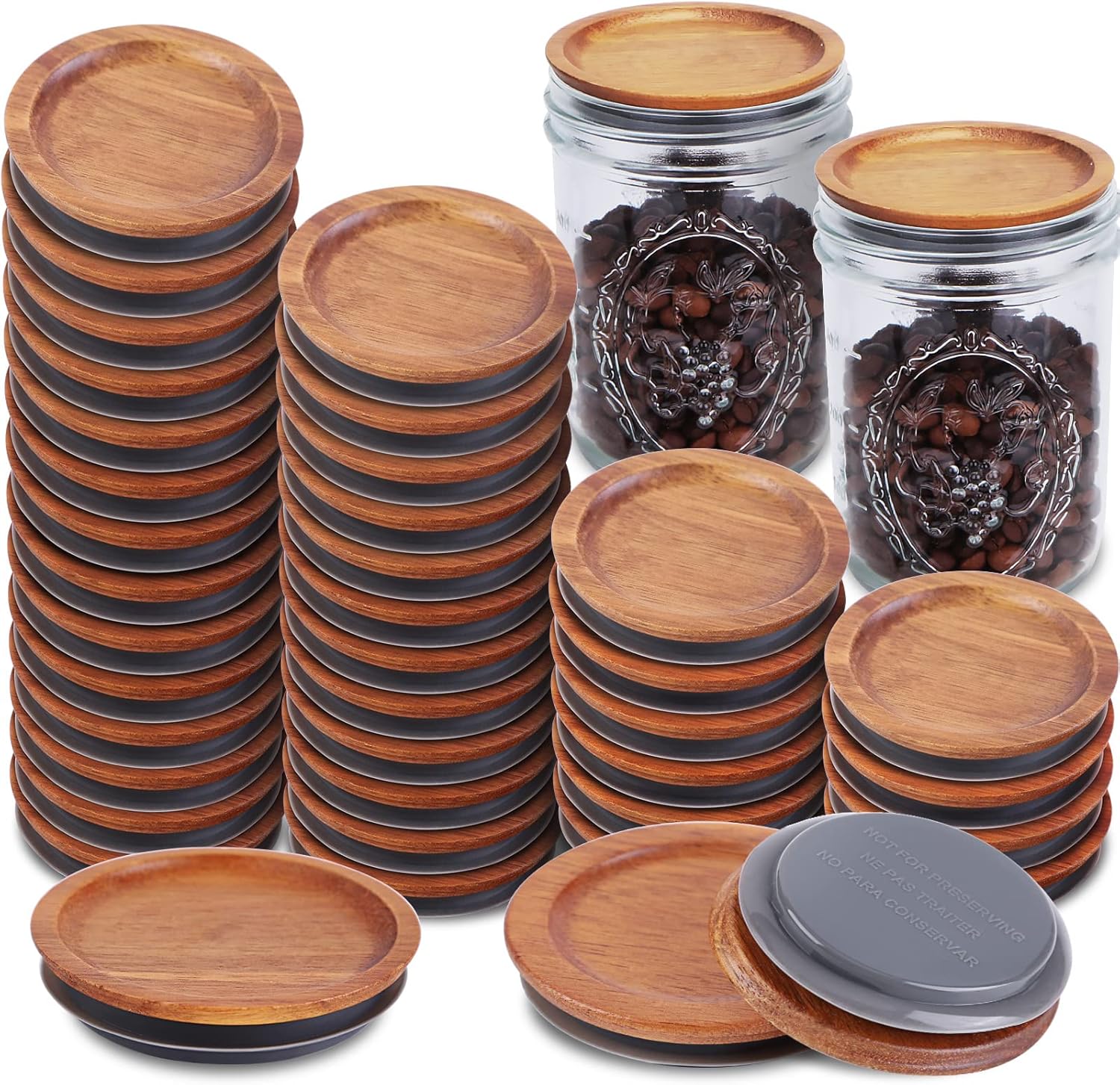 Paquete de 36 tapas para tarros de conservas de boca ancha, tapas de madera de acacia, tarros de bola, tapas de madera de bambú con bola hermética