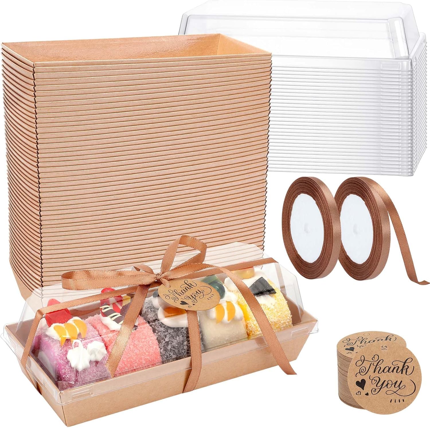 Paquete de 60 cajas de papel para embutidos con tapas transparentes y seguras, cajas de panadería marrón de 7.5 pulgadas con 2 rollos de cinta,