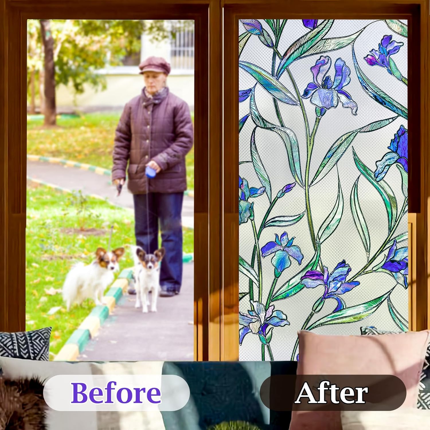 Coavas Película de privacidad para ventana, 3D, diseño floral, violeta, vitral, se adhiere a la estática, calcomanías esmeriladas para baño,