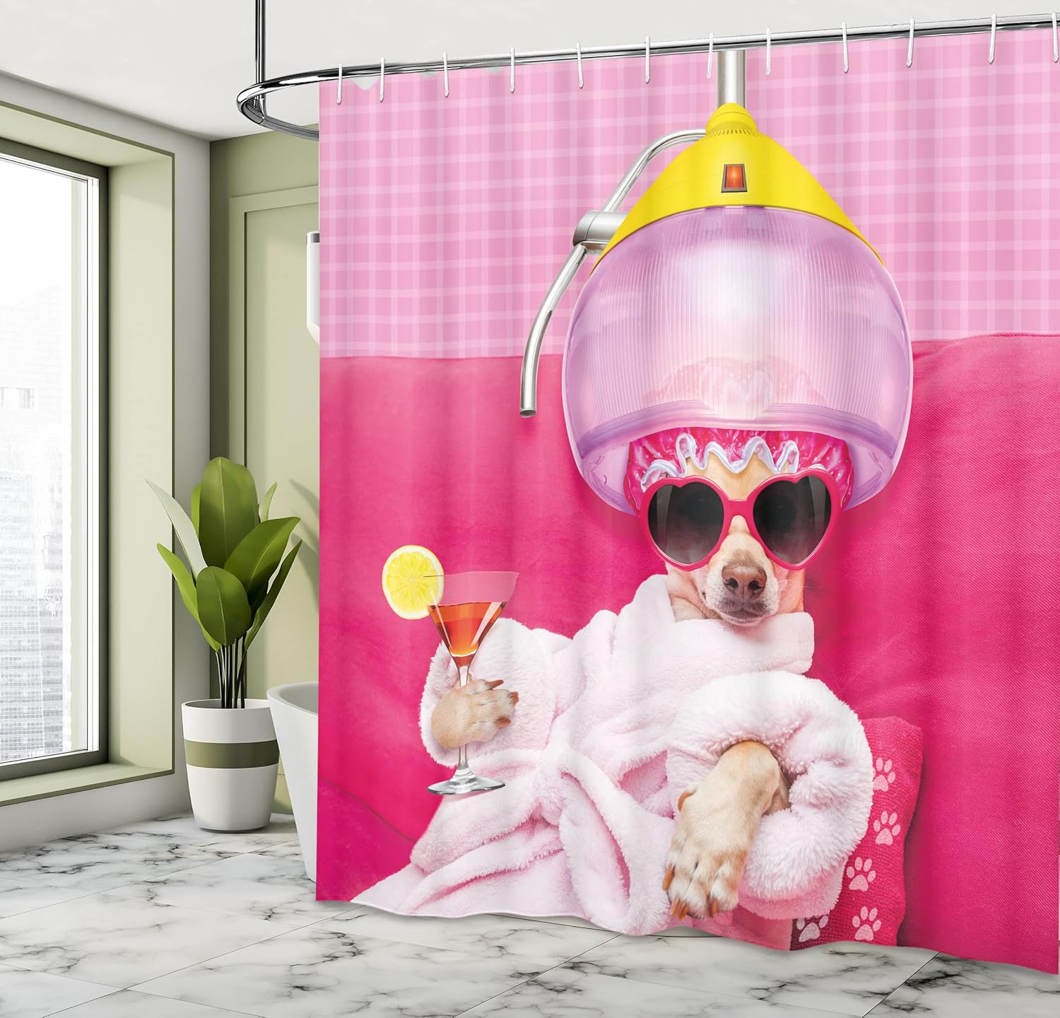 Ambesonne Divertida cortina de ducha, diseño de perro Chihuahua, relajante y acostado en el spa, estampado cómico de moda de cachorro, juego de