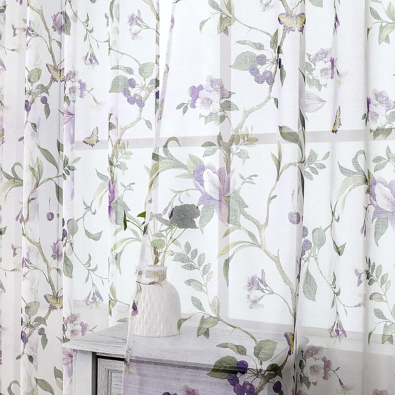 Tollpiz Cortinas traslúcidas con estampado floral de cerezo morado y mariposa, cortinas para sala de estar, cortinas con bolsillo para barra,