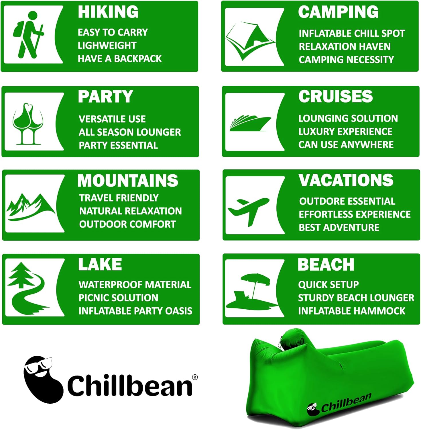 CHB-1 – Tumbona inflable, tumbona inflable con almohada, sofá inflable de playa, sofá de nailon de una sola capa antifugas para campamento al aire