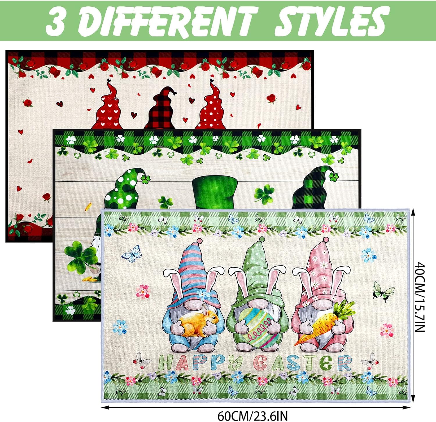 Hoolerry 3 tapetes de gnomo de San Patricio, Pascua, bienvenida, tapete decorativo de gnomo para entrada, antideslizante, lavable, para interiores y
