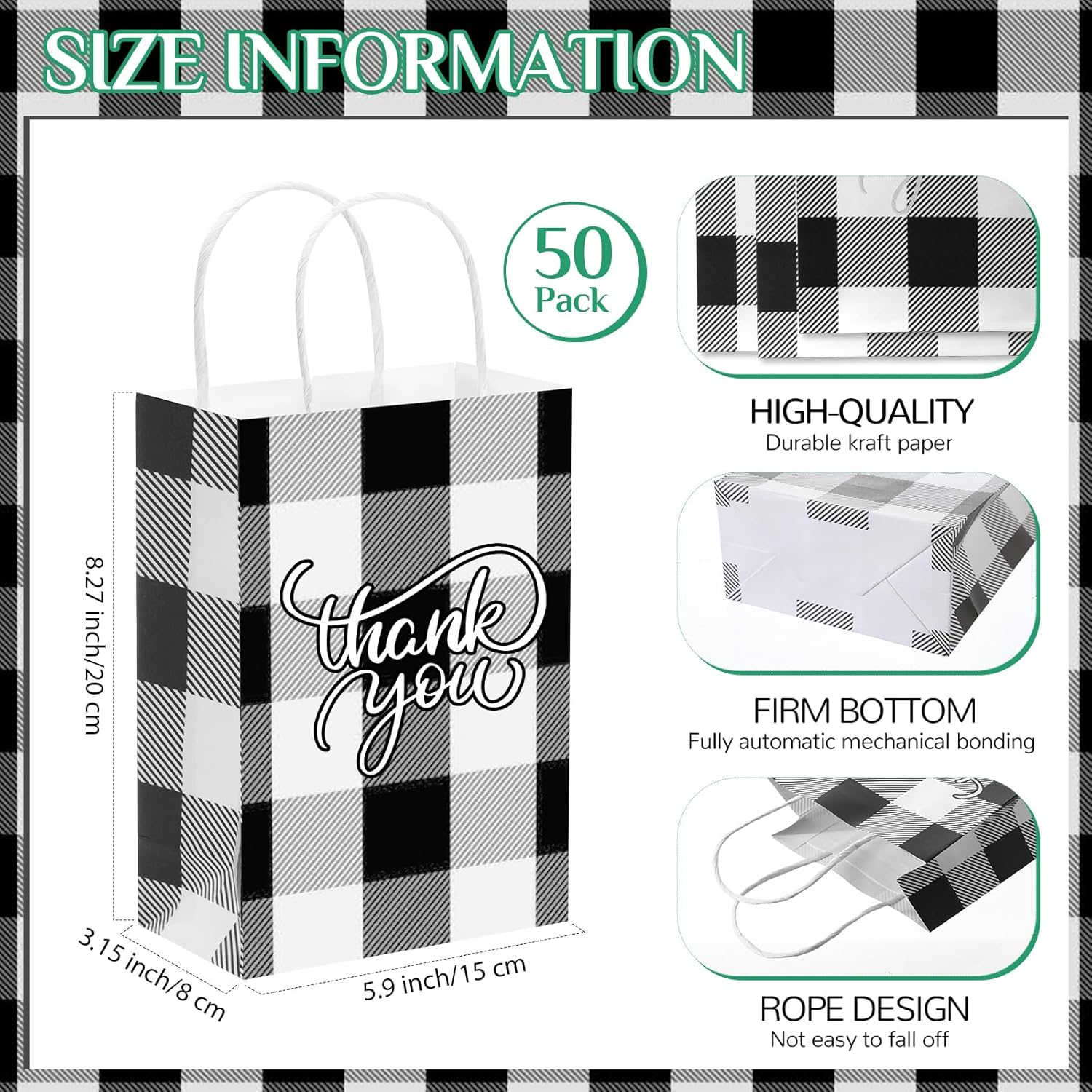 Cholemy 50 bolsas de Navidad a cuadros con 50 hojas de papel de seda de 8.3 x 5.9 x 3.15 pulgadas, bolsas de regalo de Navidad de agradecimiento,