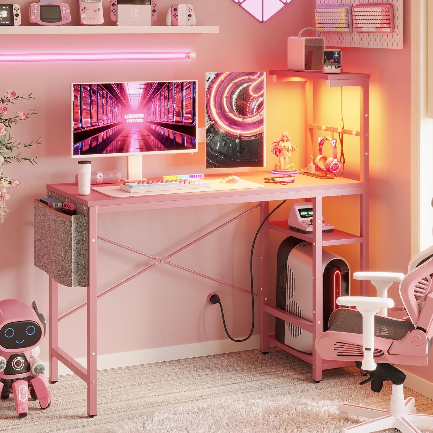 Bestier Escritorio rosa para juegos con tomas de corriente, escritorio LED para jugadores de 44 pulgadas con estantes reversibles de 4 niveles,