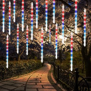 24 tubos de luces de lluvia de meteoritos, luces patrióticas de carámbanos al aire libre, luces patrióticas de 12 pulgadas, 3 x 288 luces LED de 24 tubos de luces de lluvia de meteoritos, luces patrióticas de carámbanos al aire libre, luces patrióticas de 12 pulgadas, 3 x 288 luces LED de