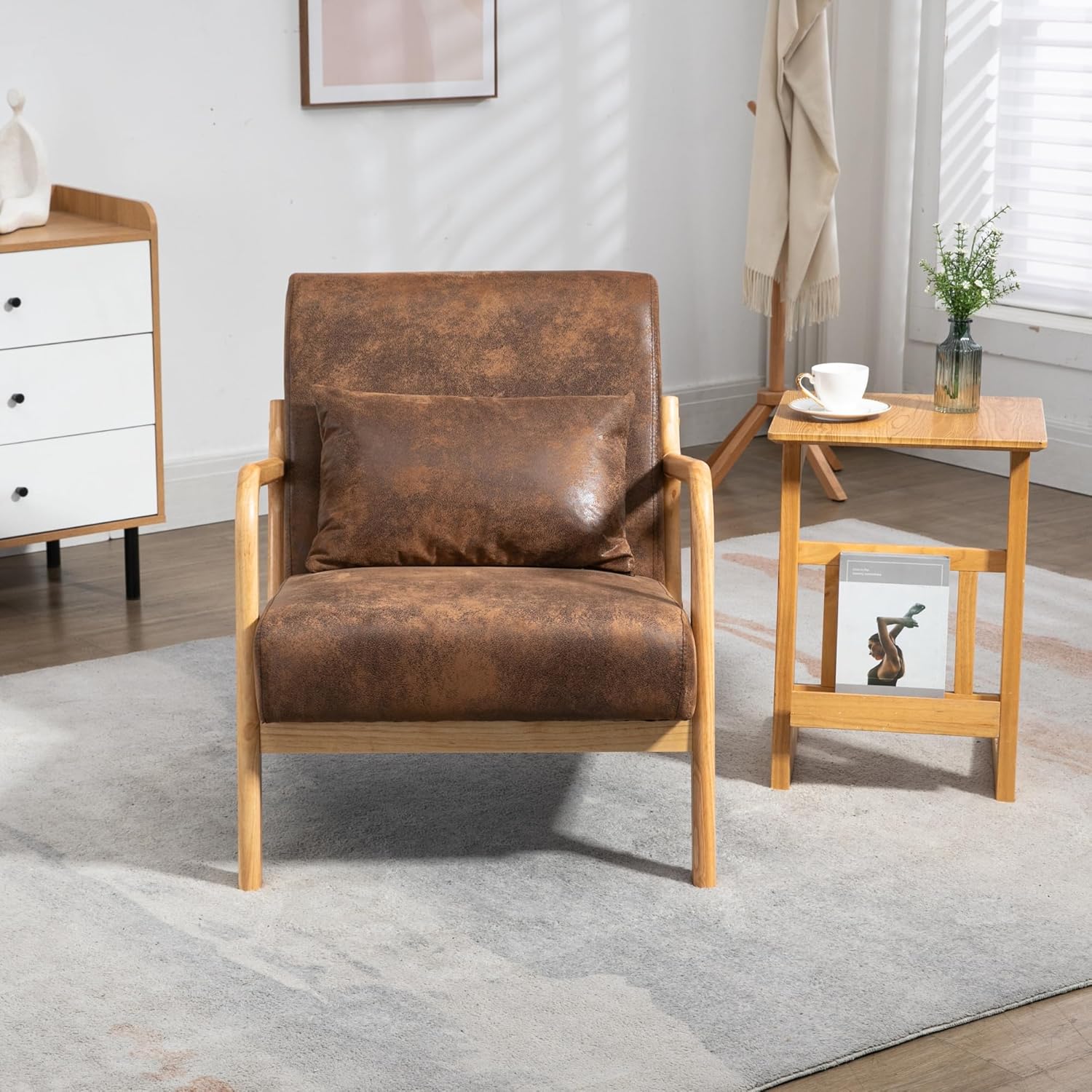 JUUXO Silla decorativa moderna Mid-Century marco de madera maciza con cojín lumbar tapizado, diseño versátil y minimalista para sala de estar,