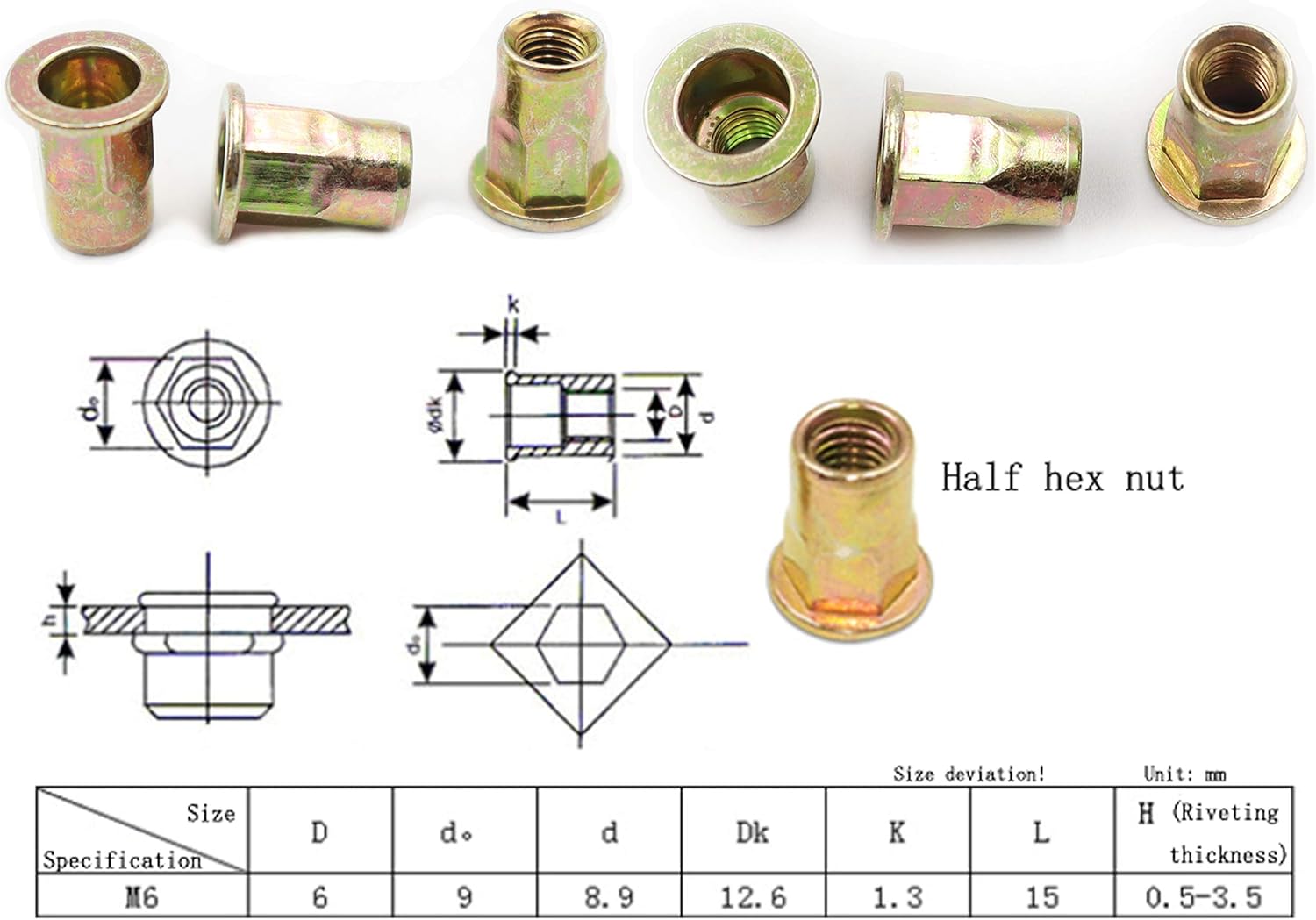 LBY 60 tuercas remachadoras de acero al carbono, kit surtido de tuercas de rosca M6 (medio hexagonal), acero al carbono, chapado en zinc, amarillo