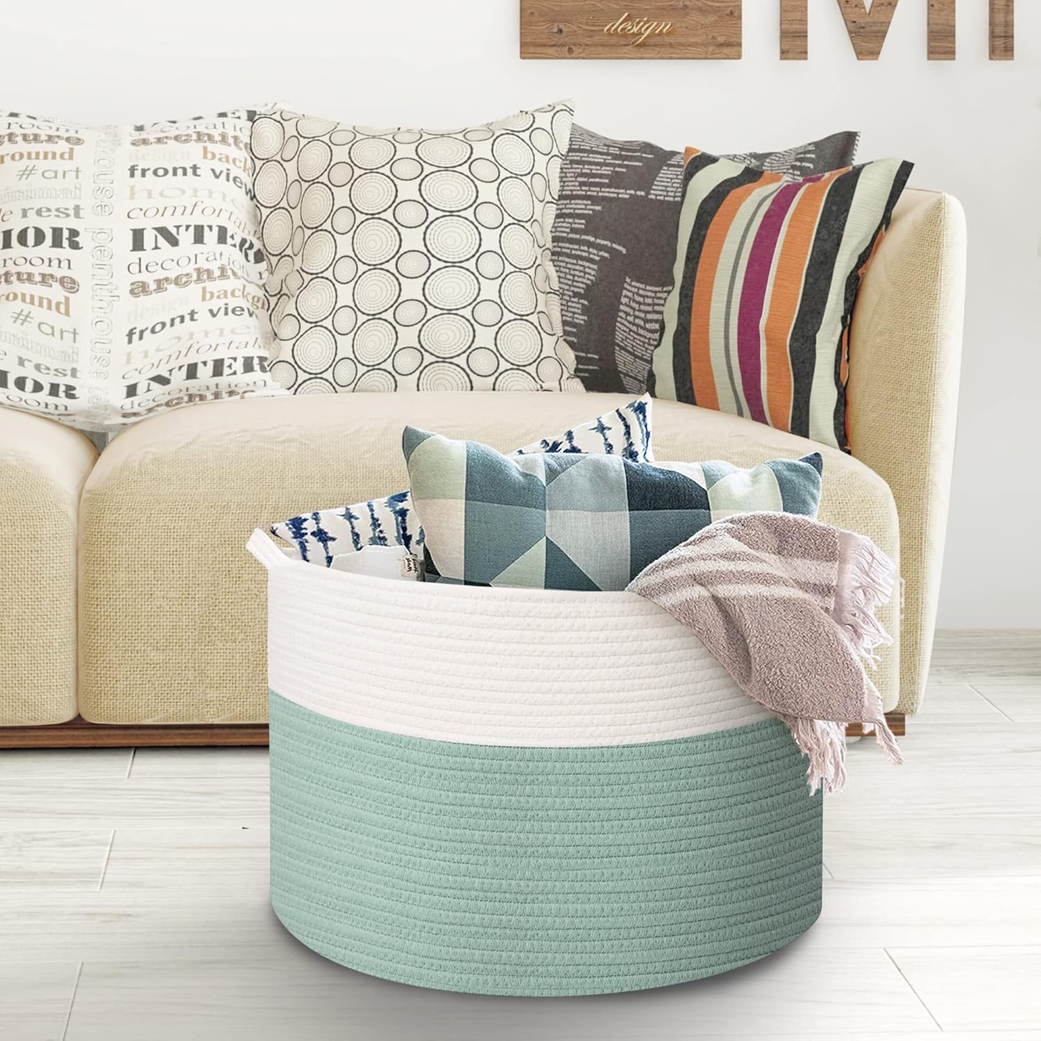 Cesta de cuerda tejida XXXL con asas, cesta de 23.6 x 23.6 x 14.1 pulgadas para mantas para sala de estar, canasta grande de almacenamiento de