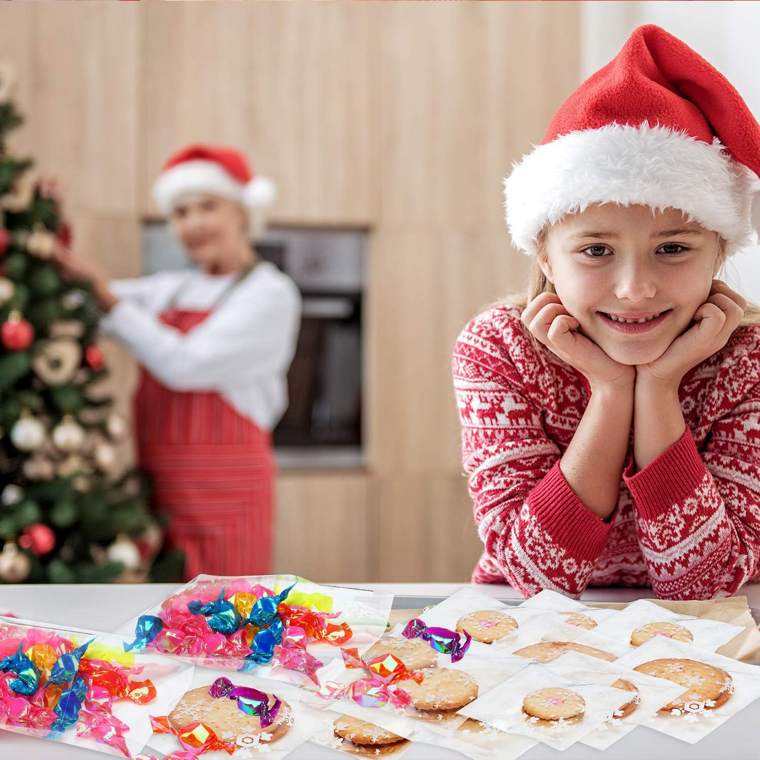 200 bolsas de galletas de Navidad, bolsas de celofán, bolsas transparentes para dulces, bolsas de regalos con sello autoadhesivo (4 x 4 pulgadas)