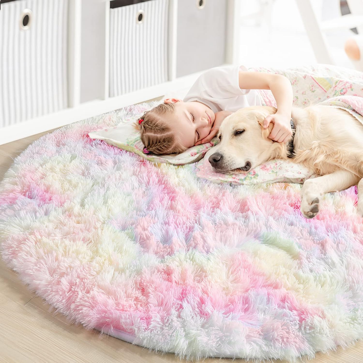 Alfombra esponjosa redonda arcoíris para dormitorio de niños, decoración de habitación de unicornio, alfombra de pelo largo para guardería, alfombra
