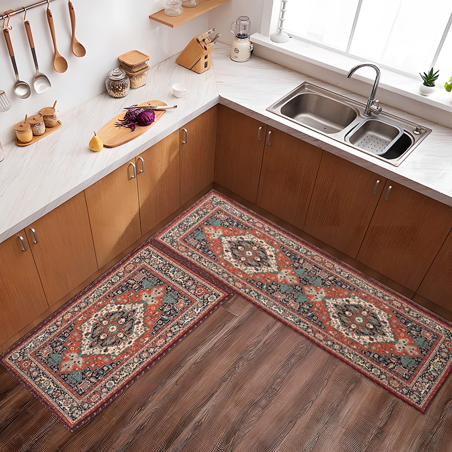 Juego de 2 alfombras persas de cocina, antideslizantes, lavables, para medallón oriental, bohemio, tapetes de cocina para piso, decoración retro