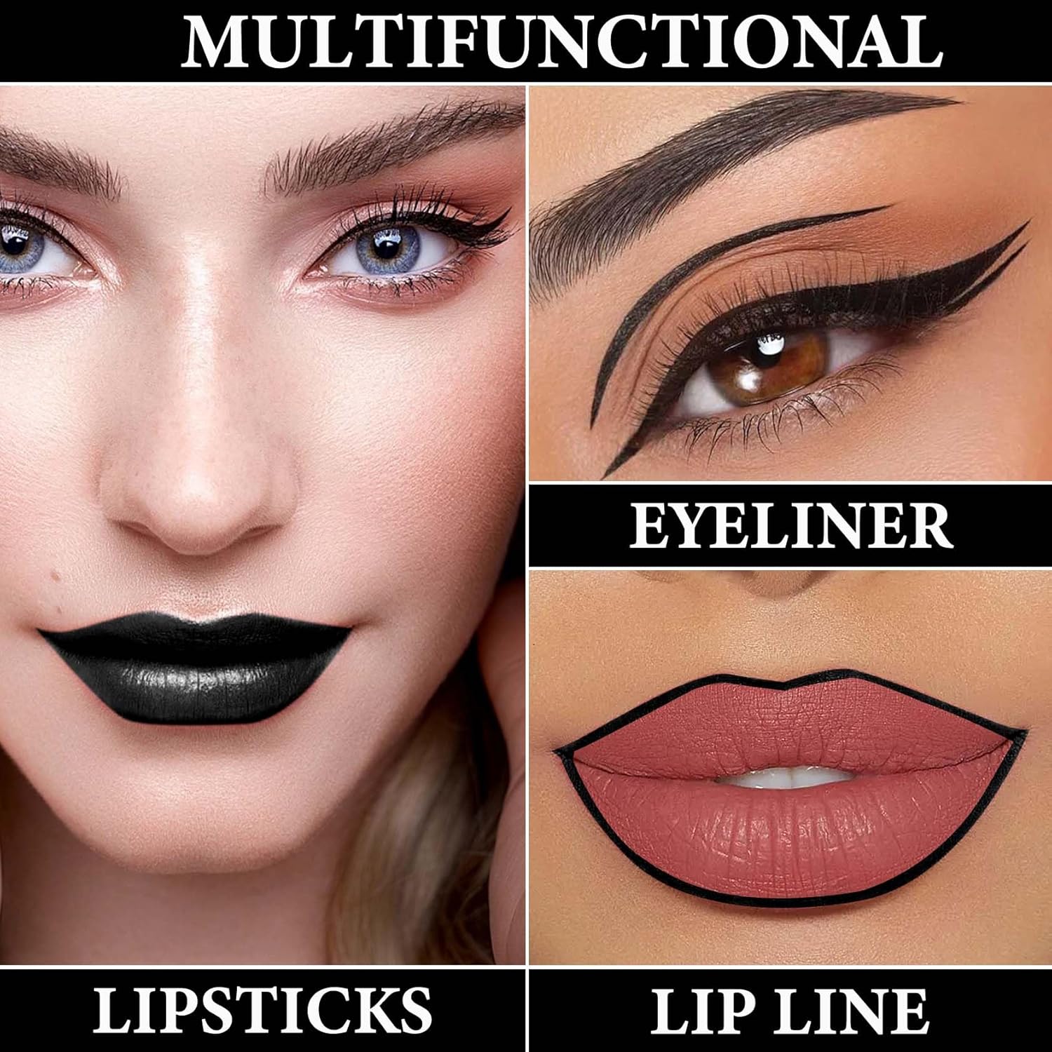 Juego de 2 delineadores de labios y lápiz labial, kit de brillo de labios de terciopelo pigmentado, juego de delineadores de labios negro mate,