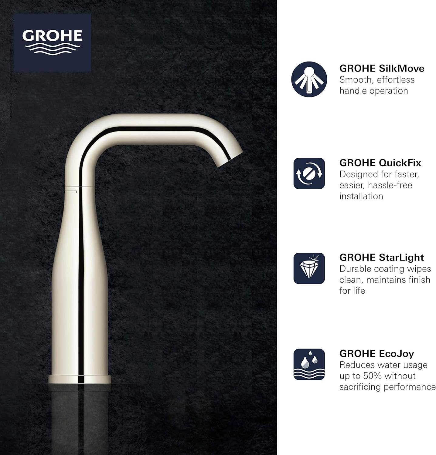 GROHE 23485ENA Essence, grifo de baño de tamaño M de un solo orificio con un solo agujero, 1.2 GPM, níquel cepillado
