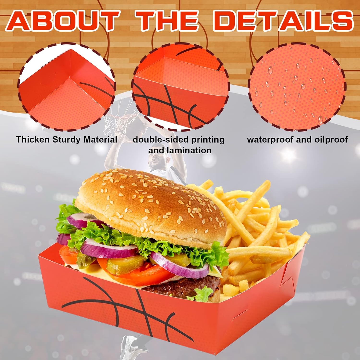 Paquete de 100 bandejas de papel de baloncesto de 5 libras, platos de baloncesto grandes, botes de comida, cuencos de baloncesto desechables,