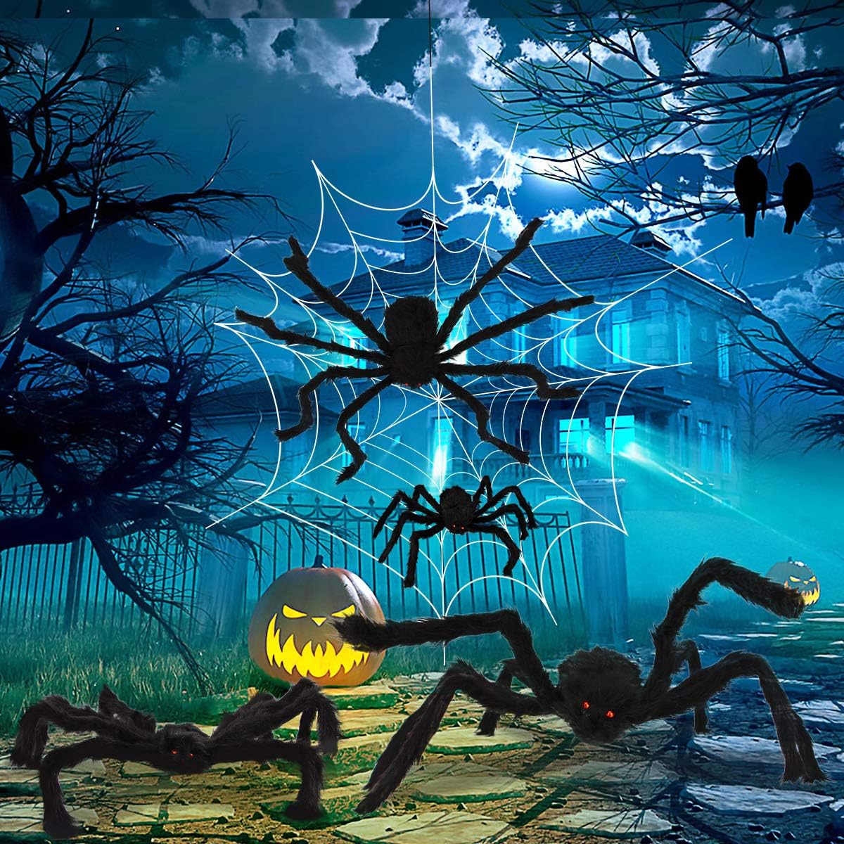 Decoraciones de araña de Halloween, juego de araña gigante aterradora de Aitey con 4 arañas falsas grandes, tela de araña, 20 arañas pequeñas de