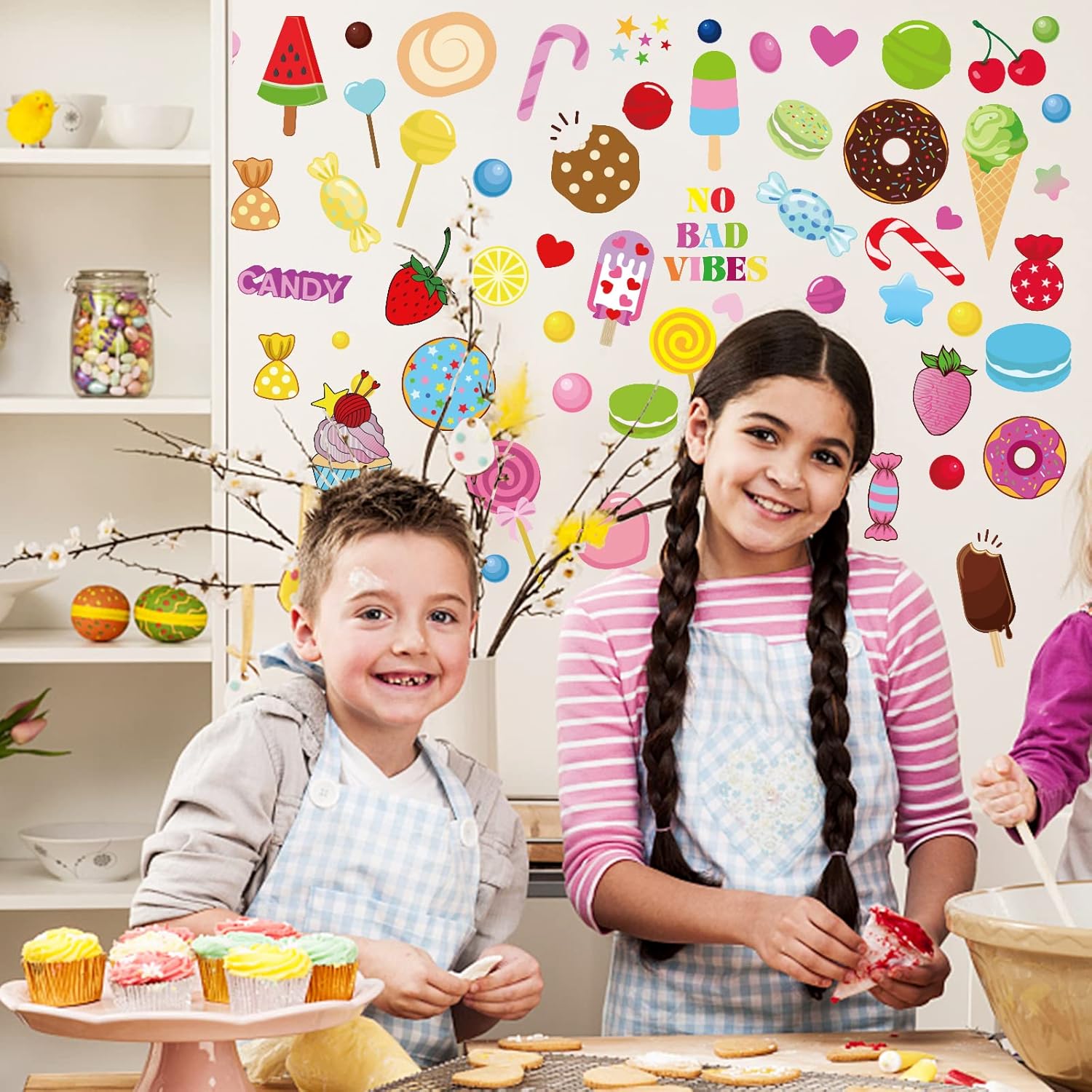 136 calcomanías de pared de donas de helado de colores, calcomanías de vinilo removibles para decoración de postres, panadería, pastelería, cocina,