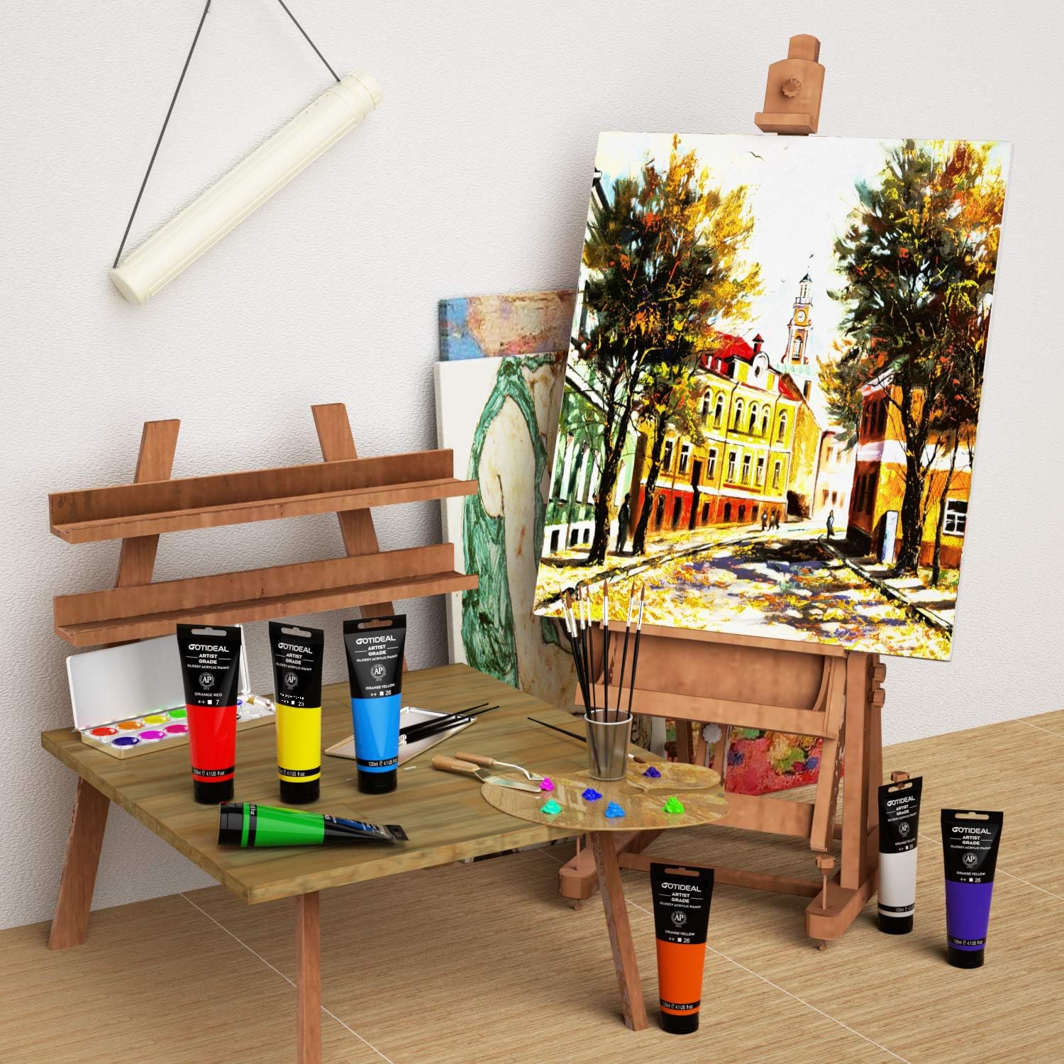 GOTIDEAL – Juego de pinturas acrílicas, tubos de 4.1 oz (120 ml), no tóxicas, no se decoloran ricos pigmentos para artistas, pintores aficionados,