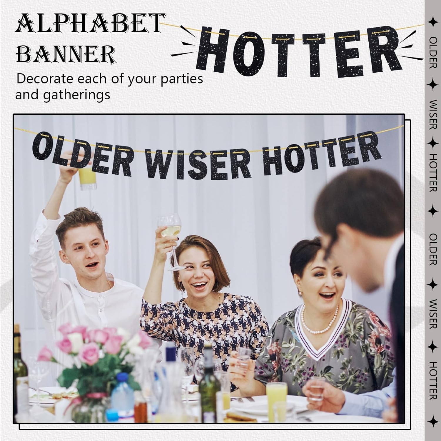 Cartel negro con purpurina para fiesta de cumpleaños con texto en inglés Older Wiser Hotter, divertida guirnalda de decoraciones de fiesta de