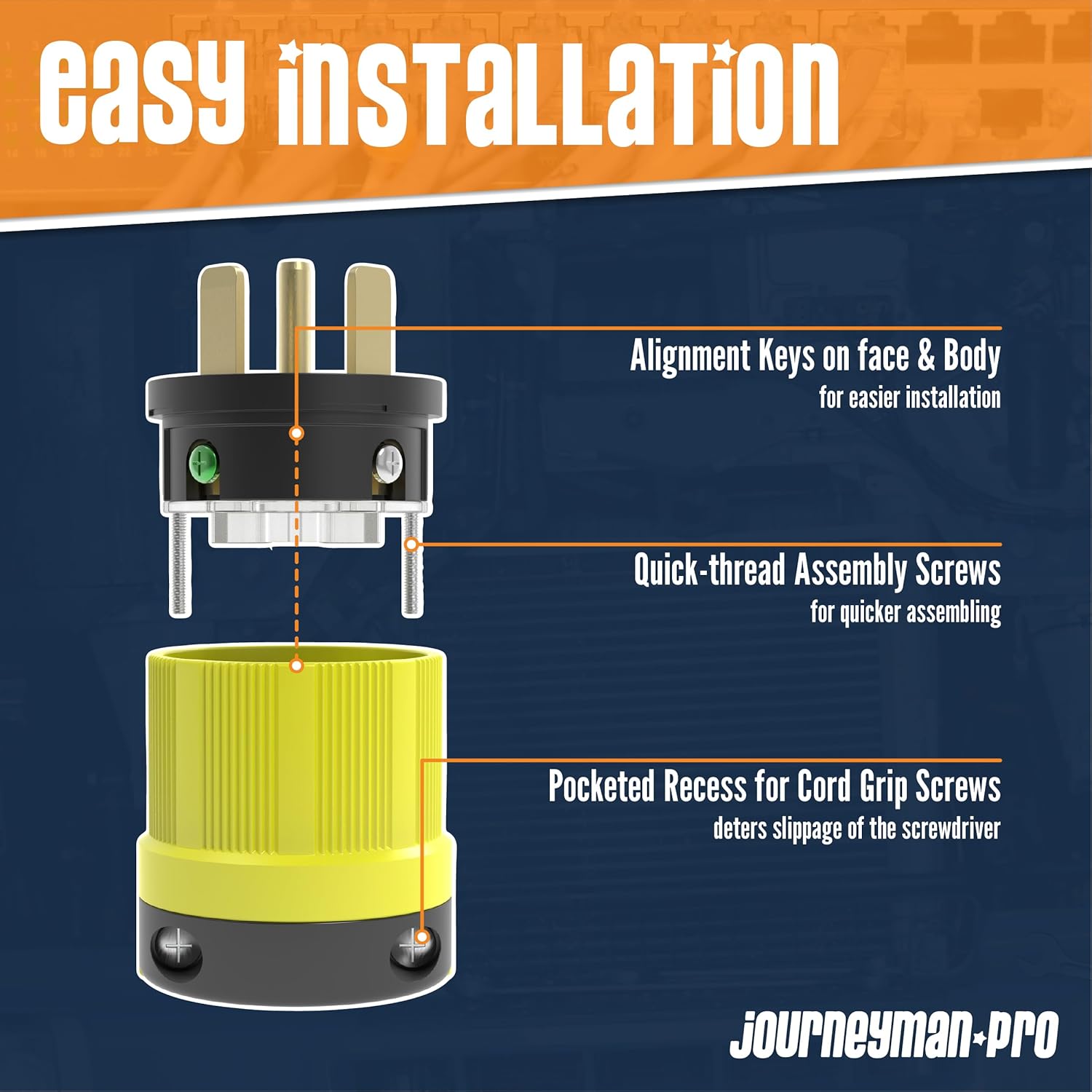 Journeyman-Pro NEMA TT-30R, 30 amperios, 125 voltios, conector hembra de remolque RV de hoja recta, grado industrial negroamarillo, generador de