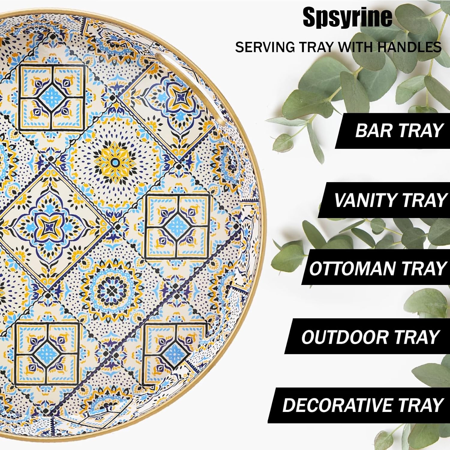Bandejas redondas de plástico decorativas bohemias de 13 pulgadas con asas para sala de estar, mesa de café, otomana, baño, cocina