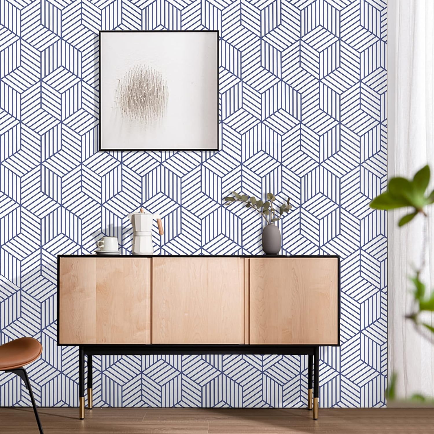 WENMER Papel tapiz hexagonal geométrico de 17.71 pulgadas x 236 pulgadas, papel tapiz adhesivo azul y blanco, papel de contacto autoadhesivo