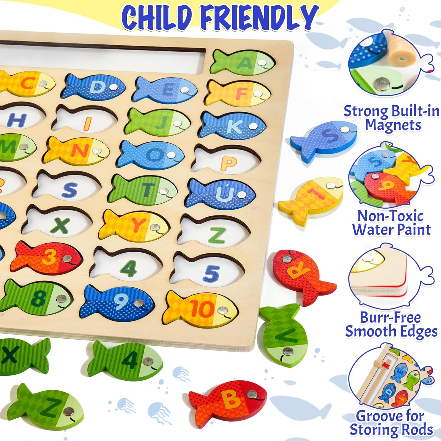 Juego de pesca magnética de madera, rompecabezas Montessori preescolar del alfabeto ABC aprendizaje juguetes educativos con tarjetas de palabras,
