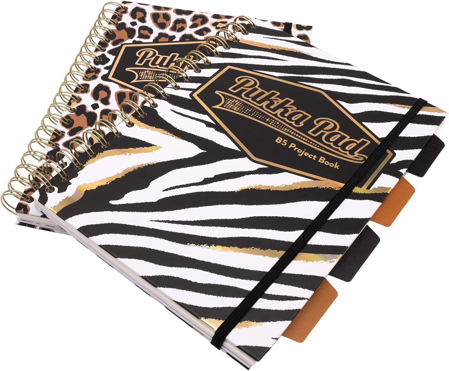Pukka Pad, Wild B5 – Libros de proyectos de tapa dura, paquete de 2 cuadernos encuadernados con diseño de cebra y leopardo, incluye 4 divisores