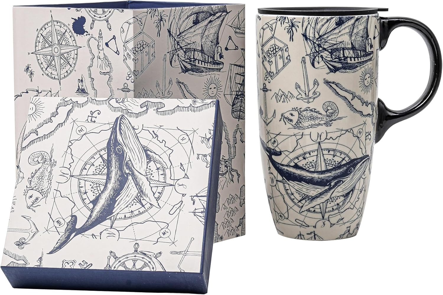 Topadorn Taza de café de cerámica para regalo con tapa de 17 onzas, taza de té alta de porcelana con asa para el hogar y la oficina, taza con patrón