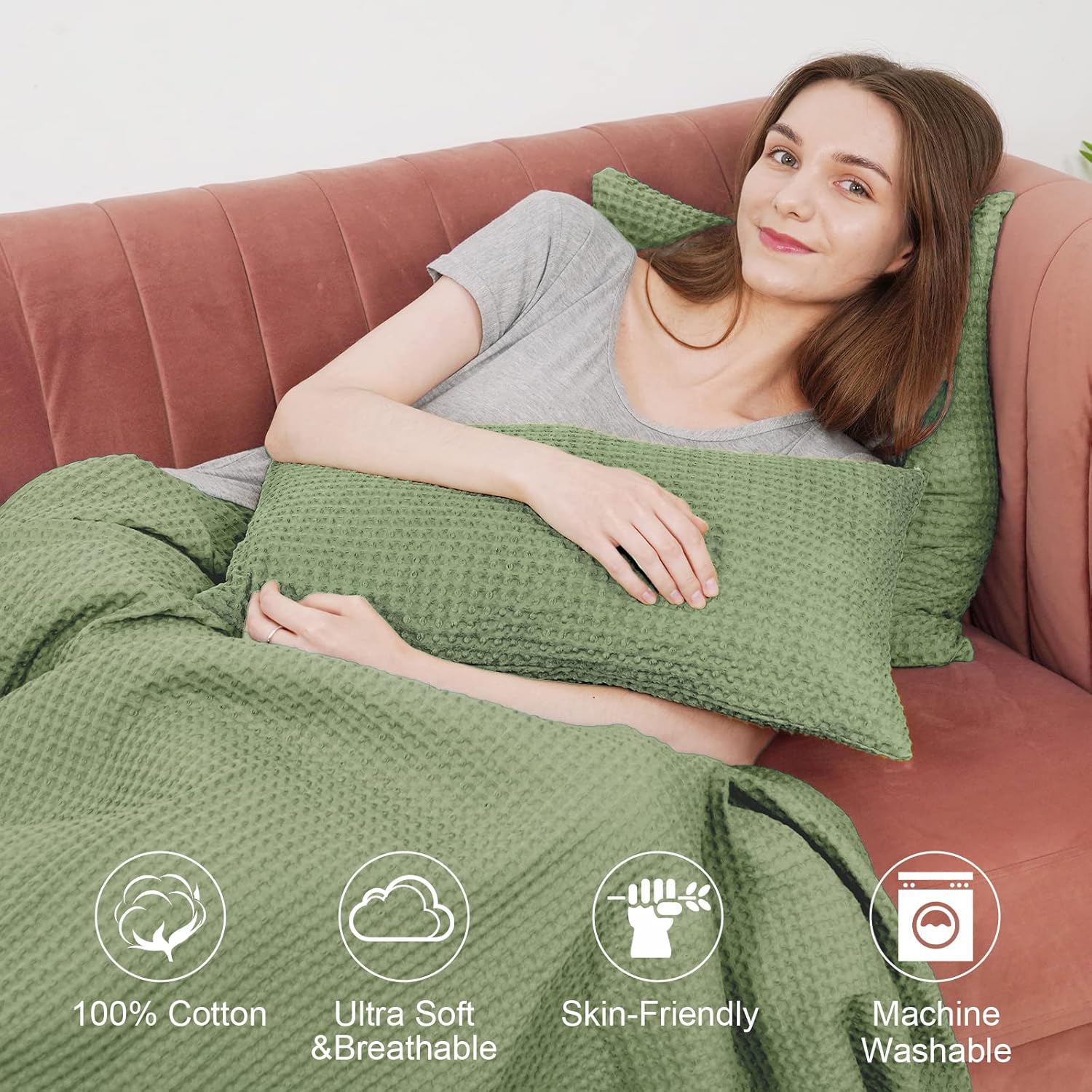 PHF Manta 100% algodón de punto gofre, de 50 x 60 pulgadas, ligera, lavada, suave, transpirable, para adultos y niños, gran capa de manta para sofá,