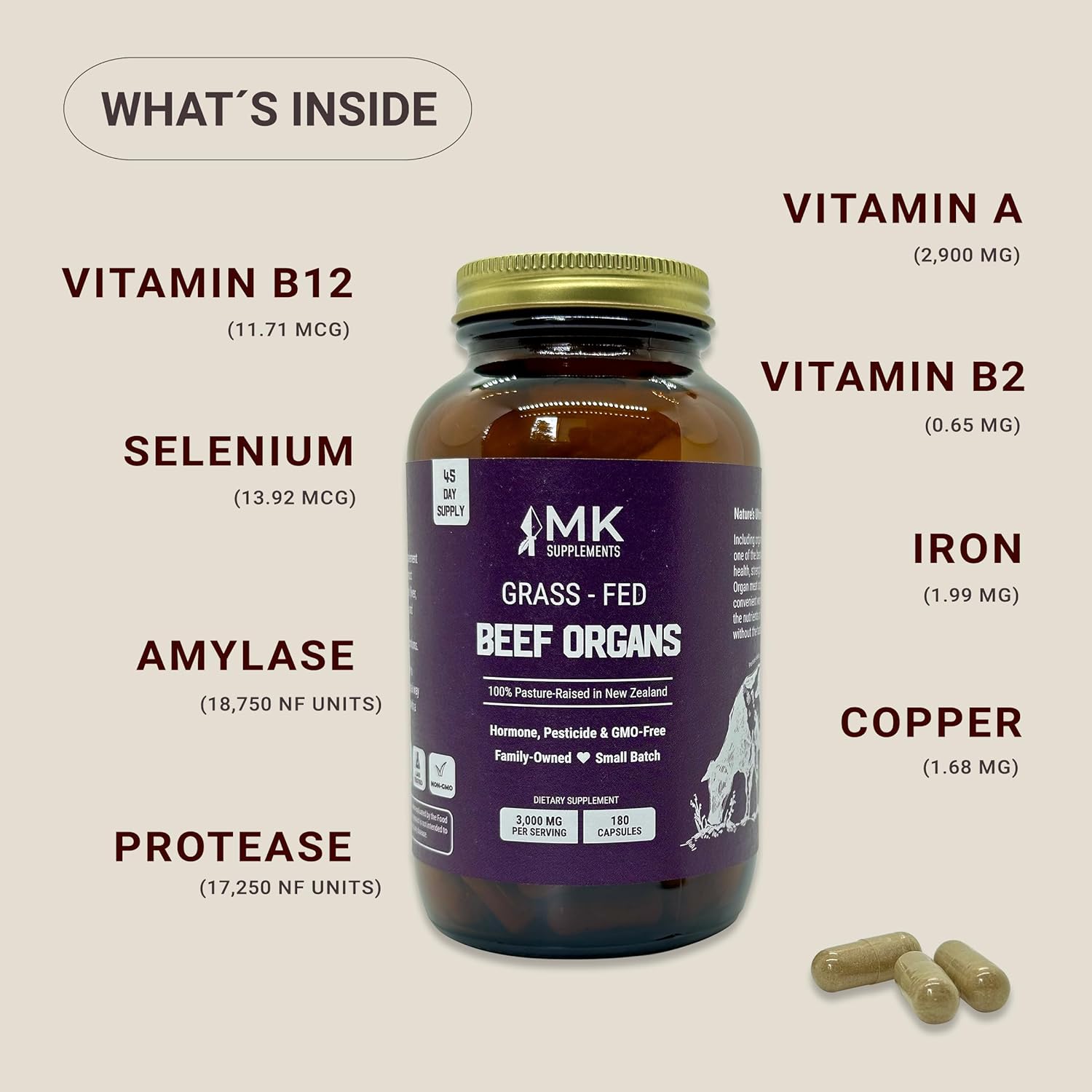 MK Supplements Órganos de carne alimentados con pasto 3000 mg, 180 cápsulas de órganos de carne, multivitamínico, 100% criado en pasto en Nueva