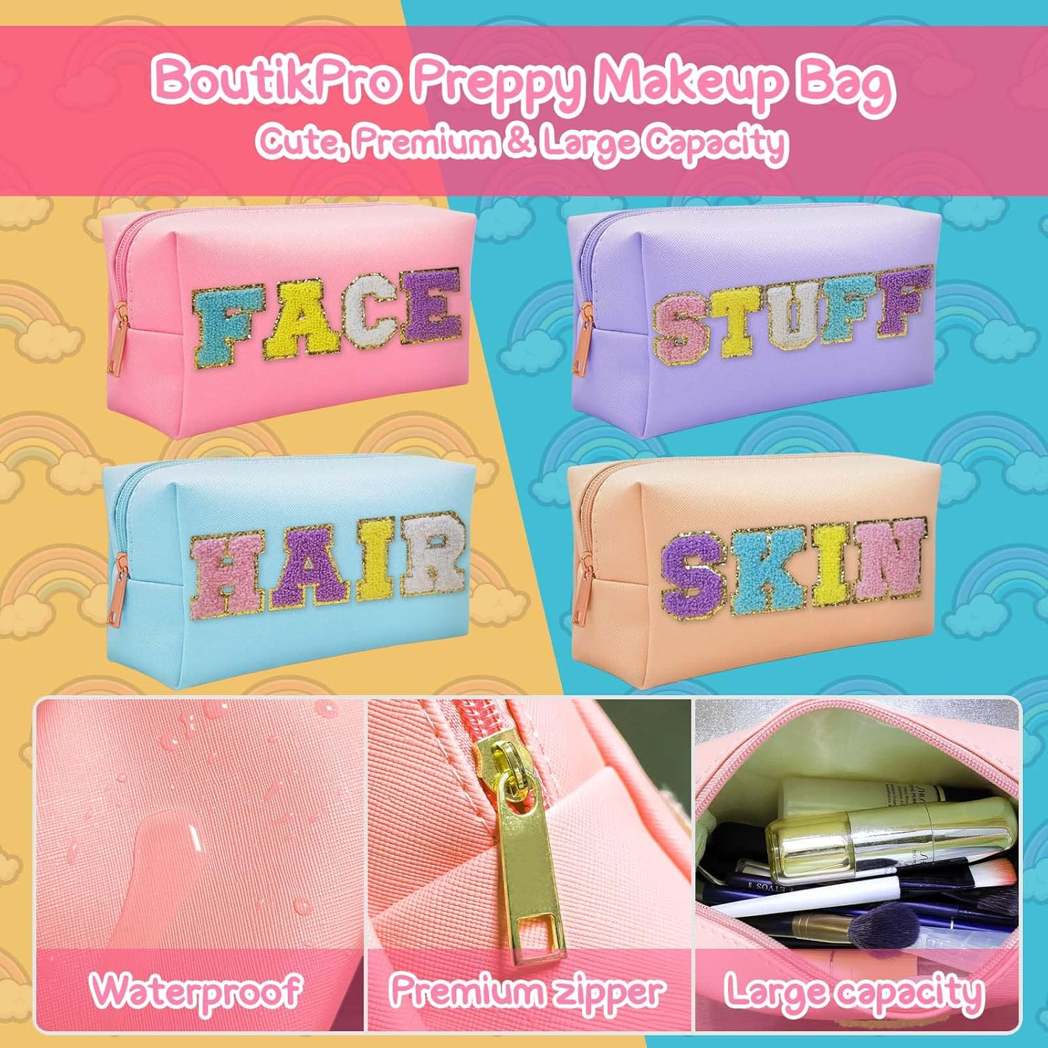 boutikpro Juego de 4 bolsas de maquillaje de alta calidad, bonita bolsa de aseo de viaje de poliuretano para mujer, bolsa organizadora de cosméticos